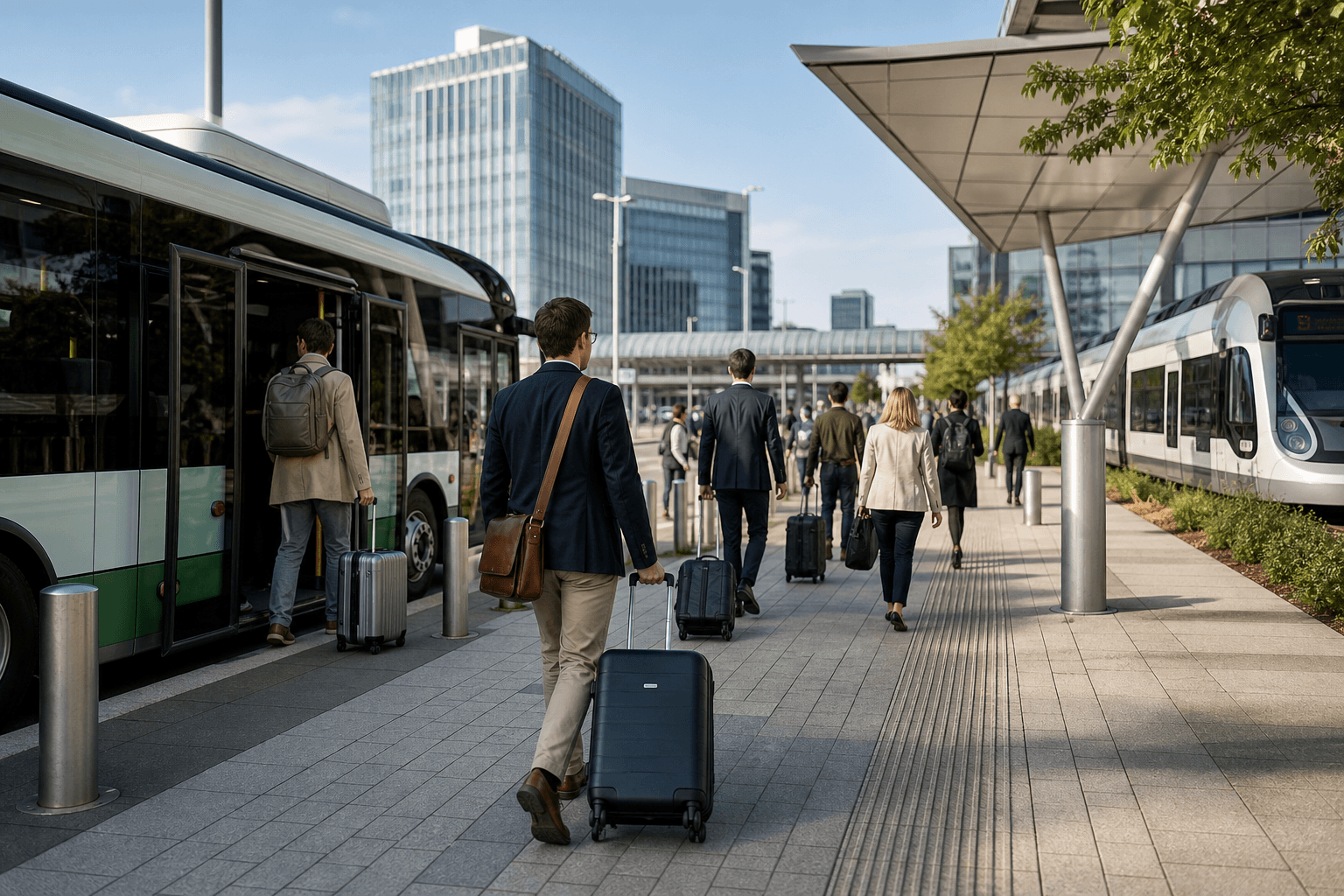 Event attendees arriving through an intermodal transport hub