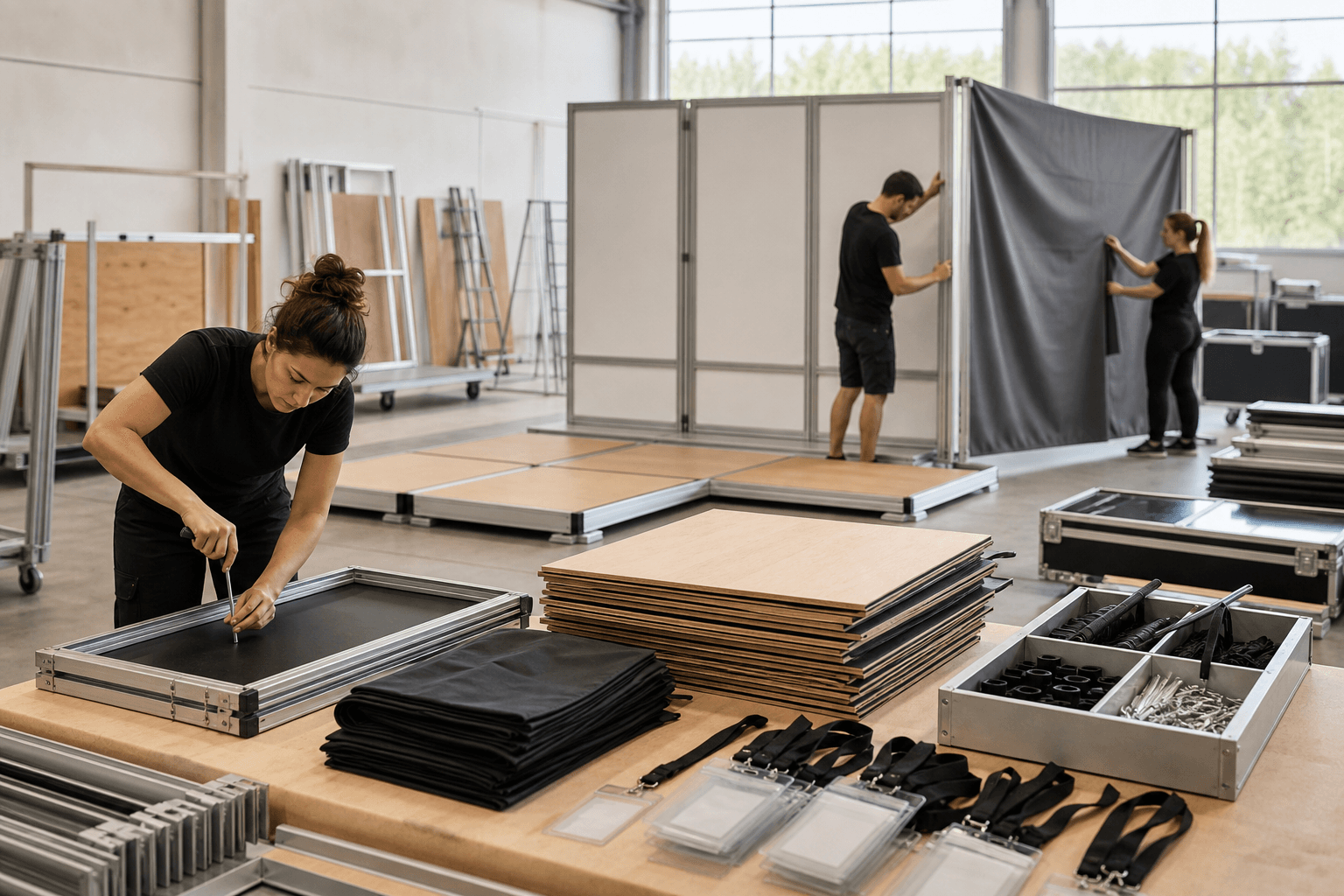 Crew assembling modular event structures and reusable production materials